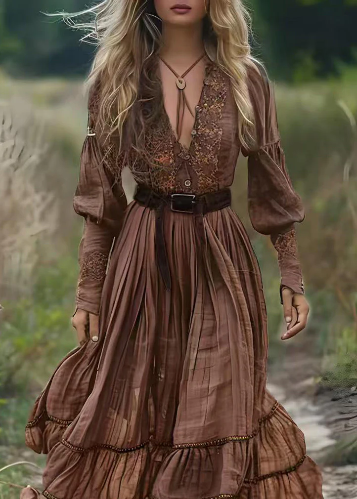 Natural Brown V Neck Print Patchwork Cotton Maxi Dresses Spring - Image 2