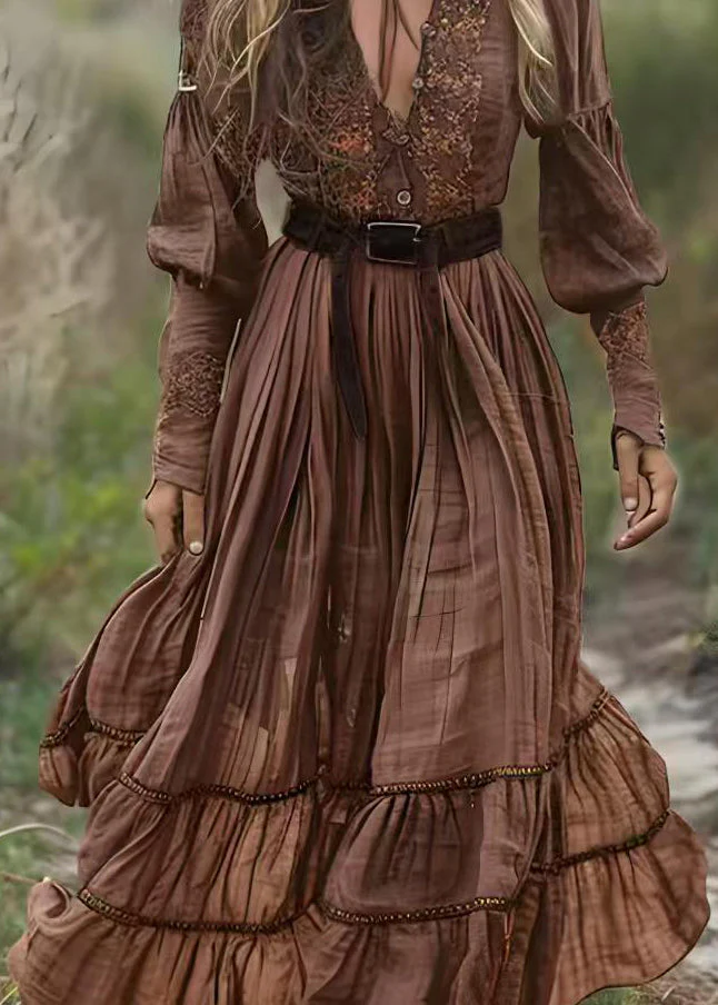 Natural Brown V Neck Print Patchwork Cotton Maxi Dresses Spring - Image 3