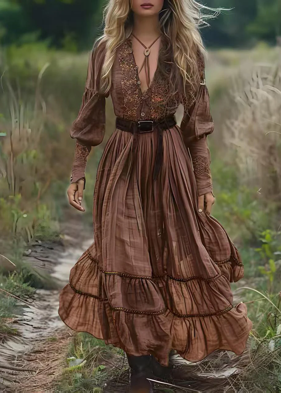 Natural Brown V Neck Print Patchwork Cotton Maxi Dresses Spring - Image 4