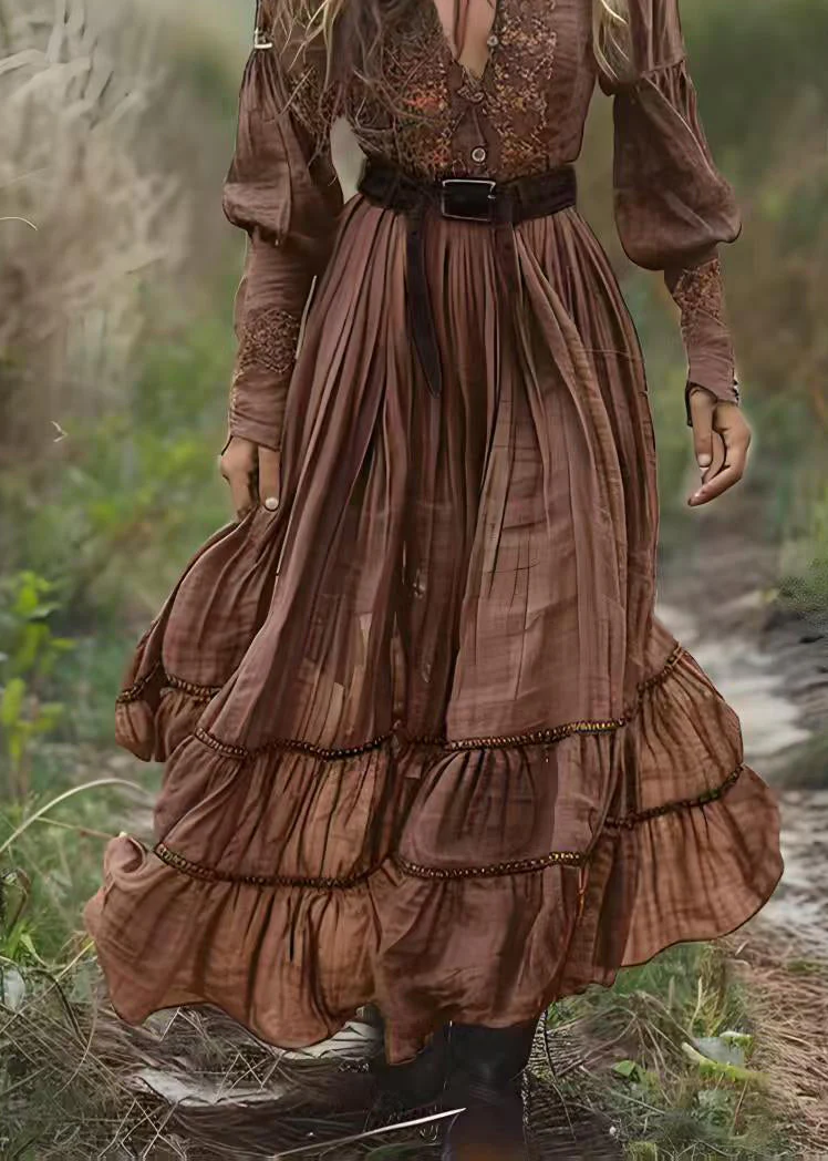 Natural Brown V Neck Print Patchwork Cotton Maxi Dresses Spring - Image 5