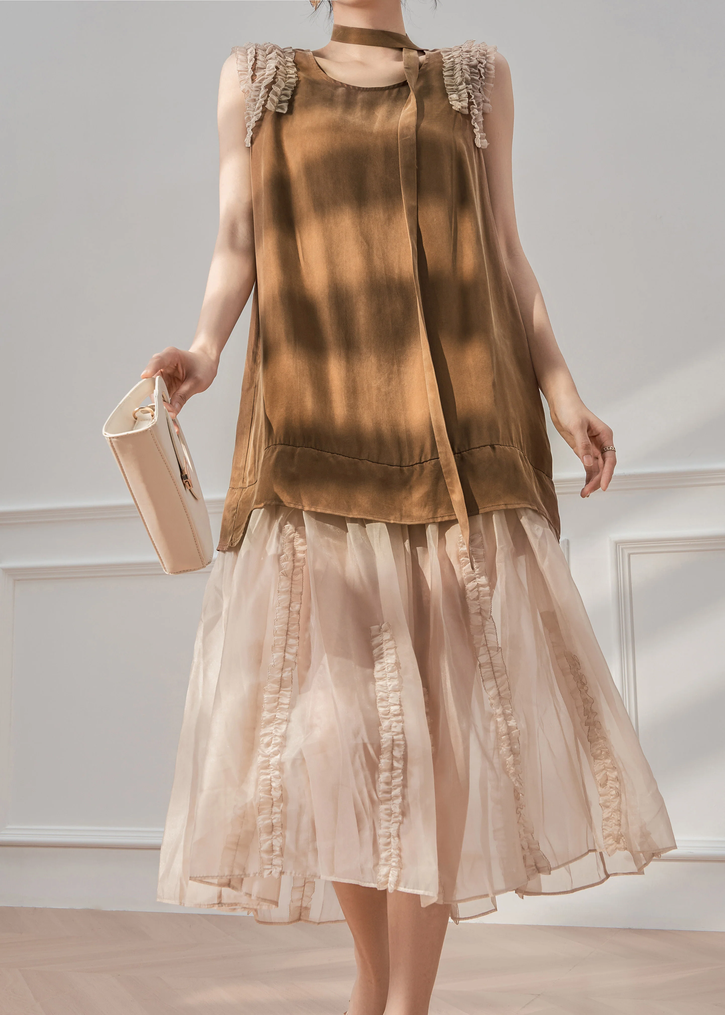 Natural Caramel O-Neck Ruffled Tulle Patchwork Maxi Dress Sleeveless