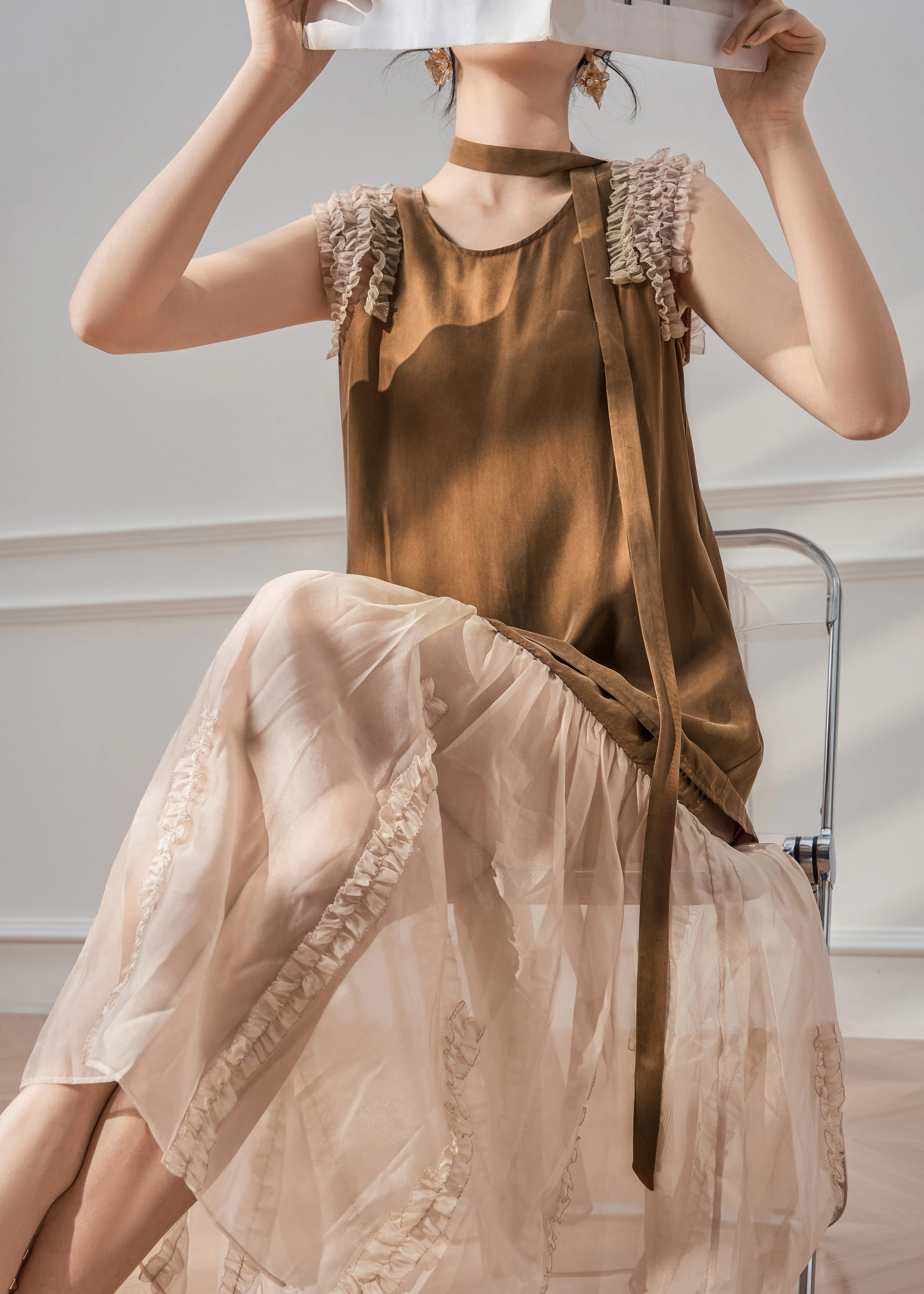 Natural Caramel O-Neck Ruffled Tulle Patchwork Maxi Dress Sleeveless - Image 2