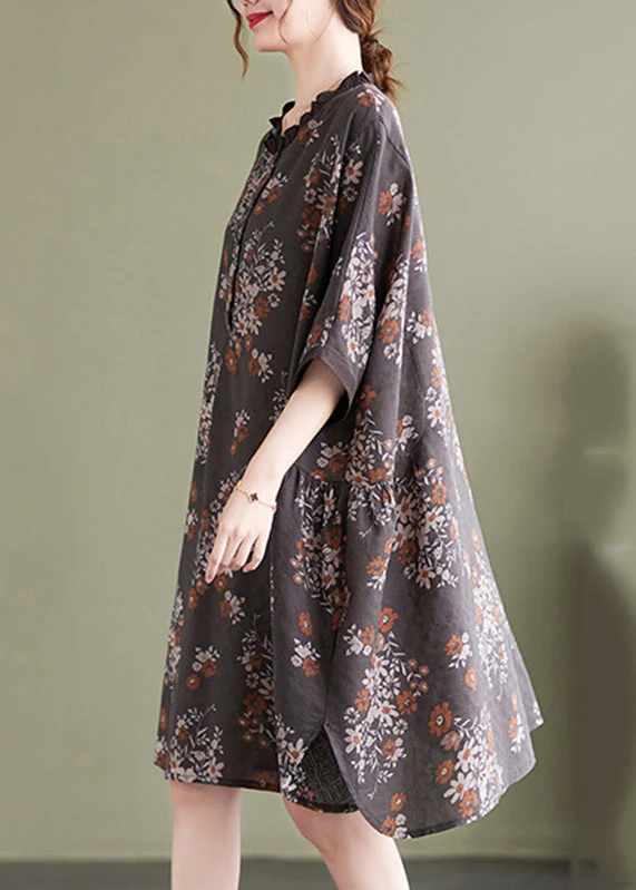 Natural Chocolate O-Nec Ruffled Patchwork Print Mid Dress Half Sleeve - Image 3