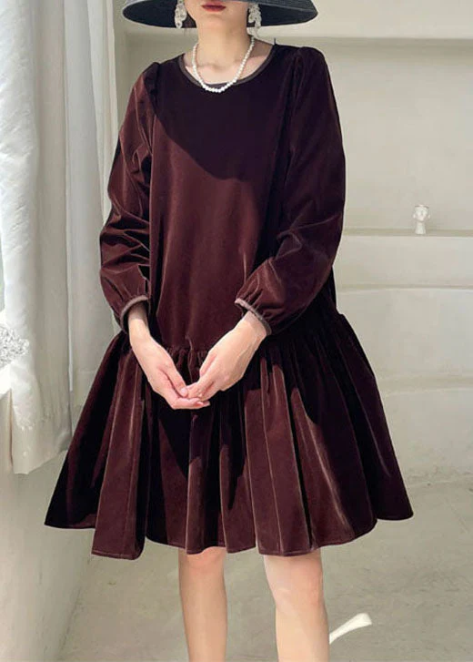 Natural Burgundy O-Neck Velour Casual Dress Winter - Image 2
