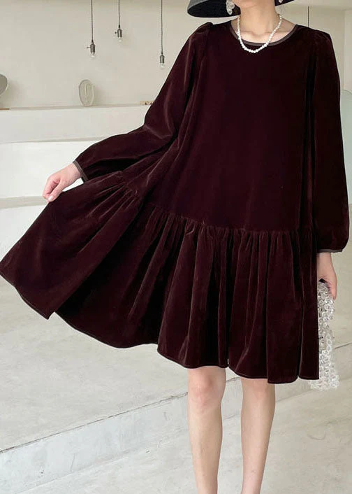 Natural Burgundy O-Neck Velour Casual Dress Winter - Image 4
