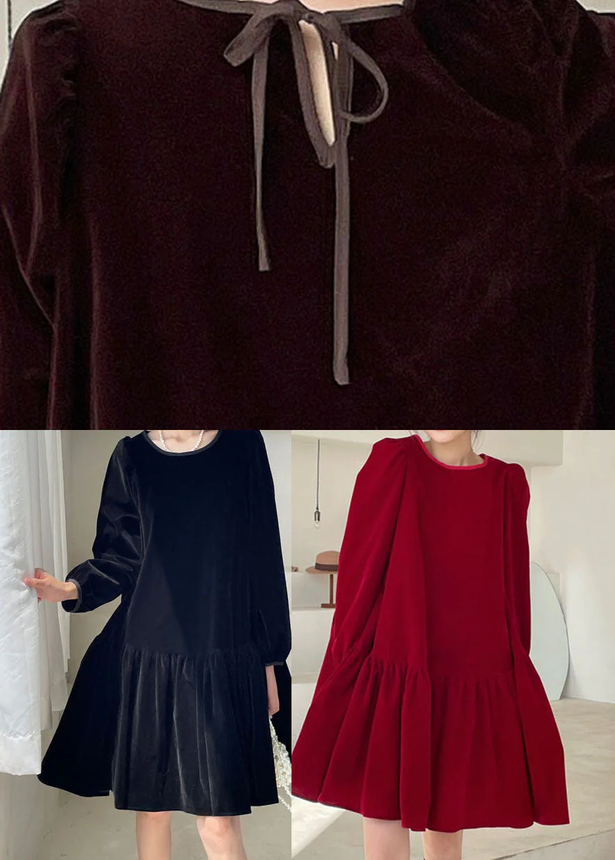Natural Burgundy O-Neck Velour Casual Dress Winter - Image 5
