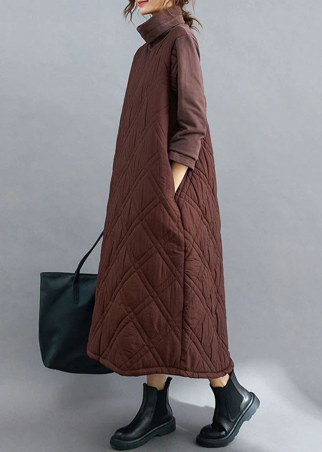 Natural Chocolate thick Pockets Fine Cotton Filled Long Dress Winter - Image 3