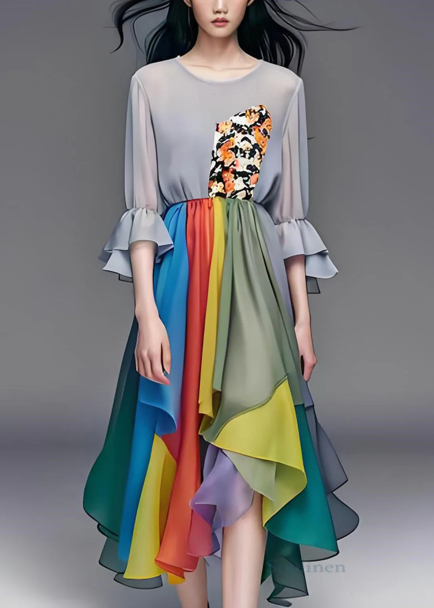 Natural Colorblock Asymmetrical Patchwork Chiffon Dresses Summer - Image 2