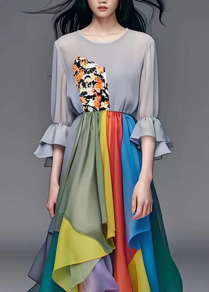 Natural Colorblock Asymmetrical Patchwork Chiffon Dresses Summer - Image 3