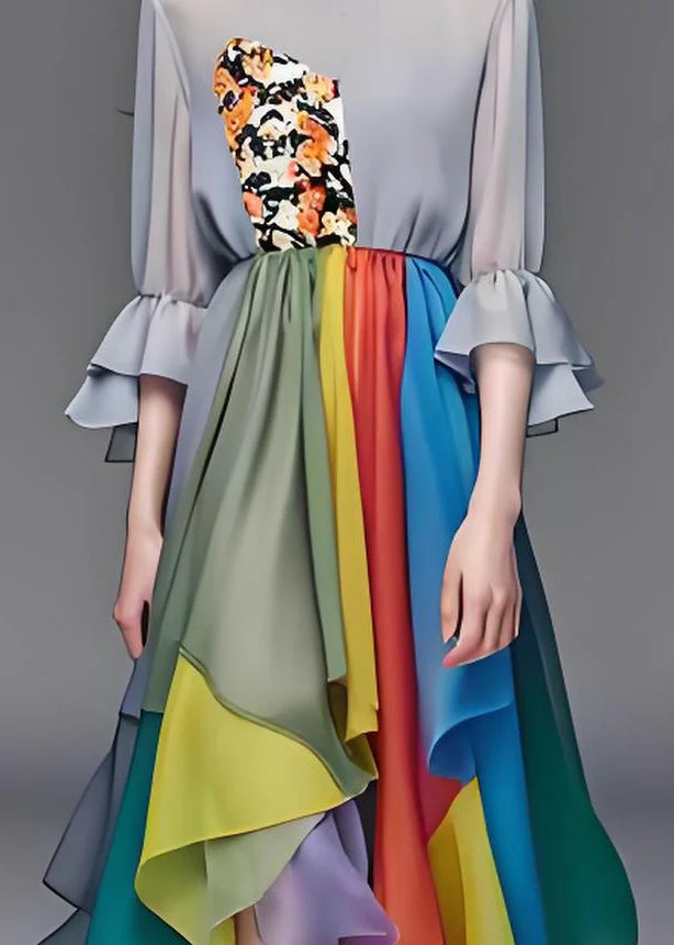 Natural Colorblock Asymmetrical Patchwork Chiffon Dresses Summer - Image 4