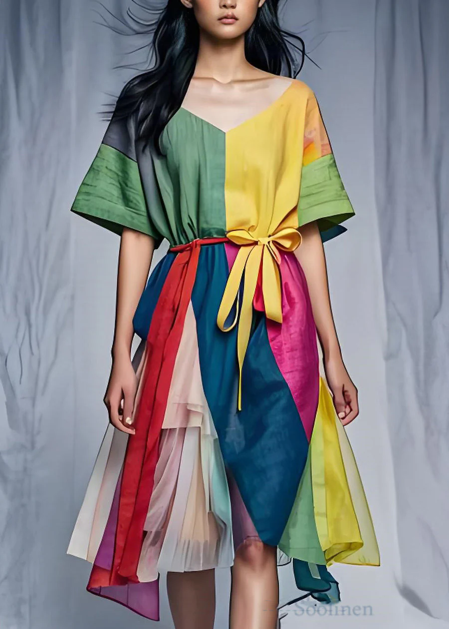Natural Colorblock Asymmetrical Tulle Patchwork Lace Up Cotton Dress Summer - Image 2