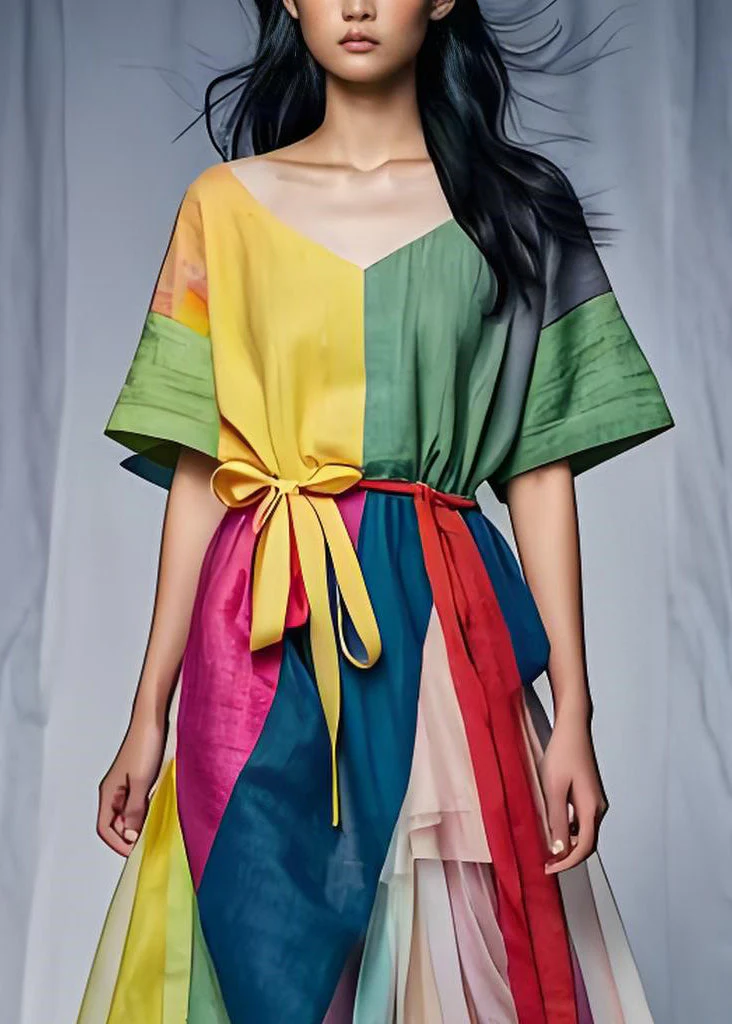 Natural Colorblock Asymmetrical Tulle Patchwork Lace Up Cotton Dress Summer - Image 3