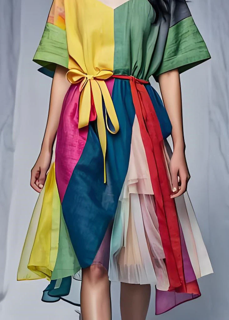 Natural Colorblock Asymmetrical Tulle Patchwork Lace Up Cotton Dress Summer - Image 4