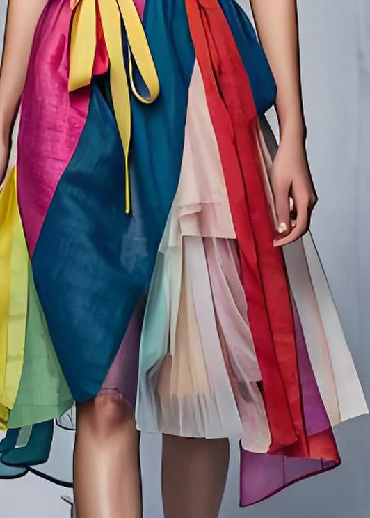 Natural Colorblock Asymmetrical Tulle Patchwork Lace Up Cotton Dress Summer - Image 5
