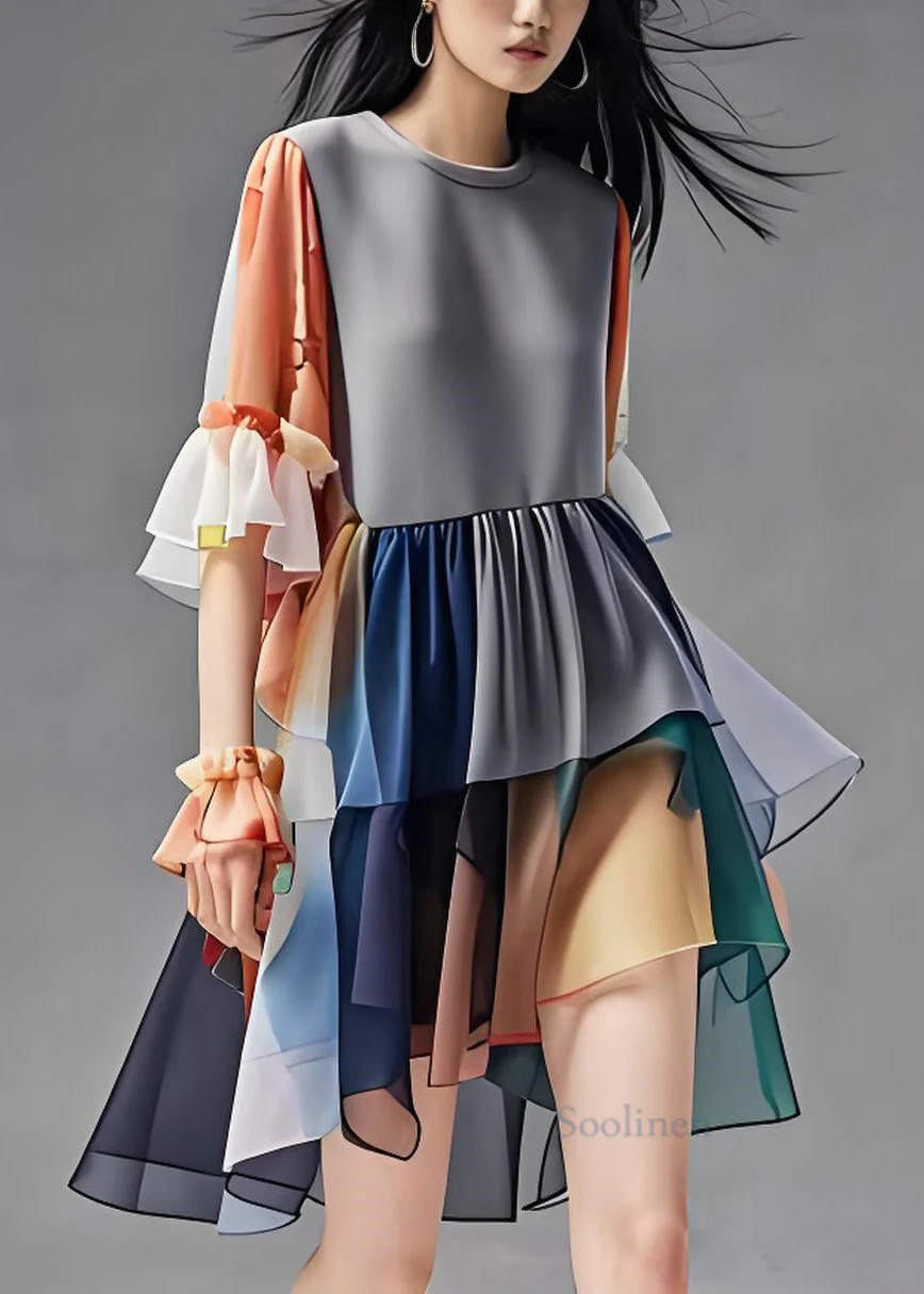 Natural Colorblock O Neck Ruffled Patchwork Chiffon Dress Summer - Image 2