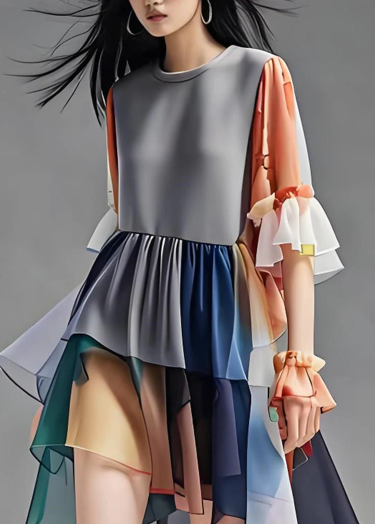Natural Colorblock O Neck Ruffled Patchwork Chiffon Dress Summer - Image 3
