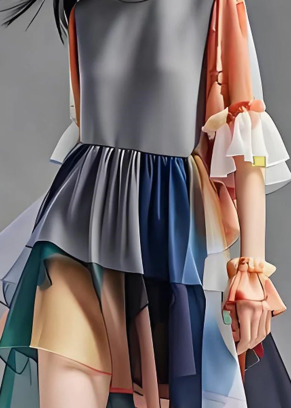 Natural Colorblock O Neck Ruffled Patchwork Chiffon Dress Summer - Image 4
