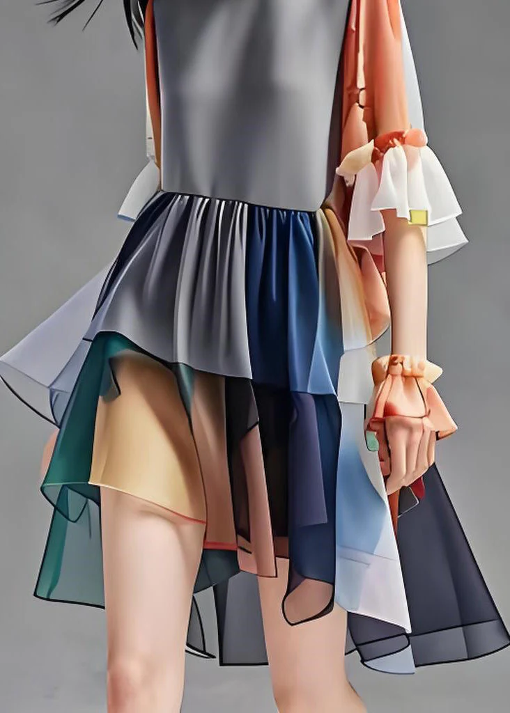 Natural Colorblock O Neck Ruffled Patchwork Chiffon Dress Summer - Image 5