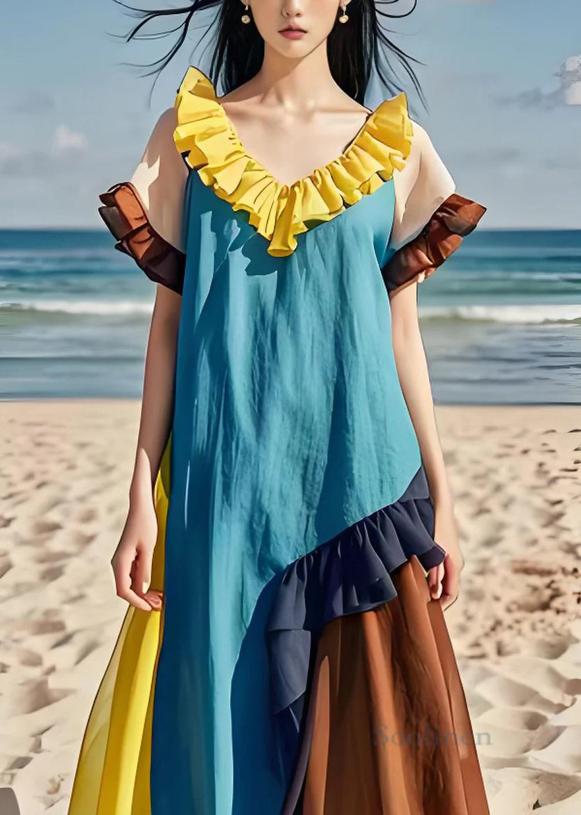 Natural Colorblock Ruffled Patchwork Cotton Dresses Summer - Image 2