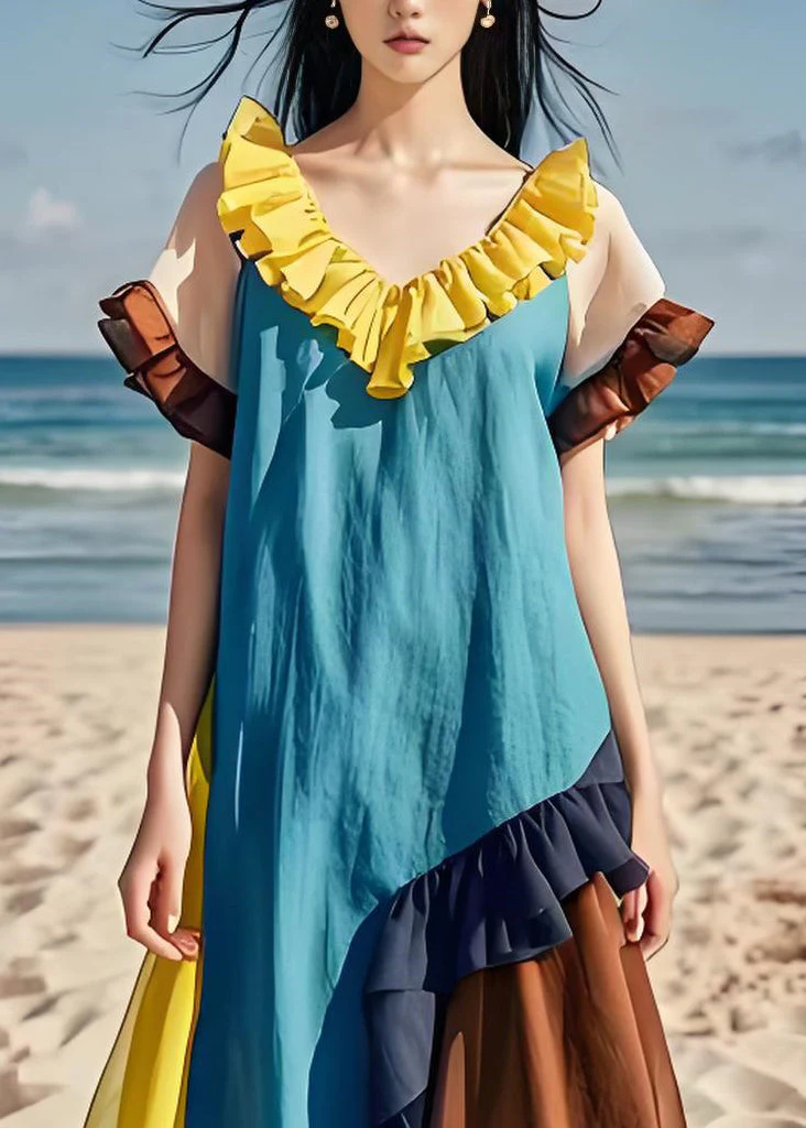 Natural Colorblock Ruffled Patchwork Cotton Dresses Summer - Image 3