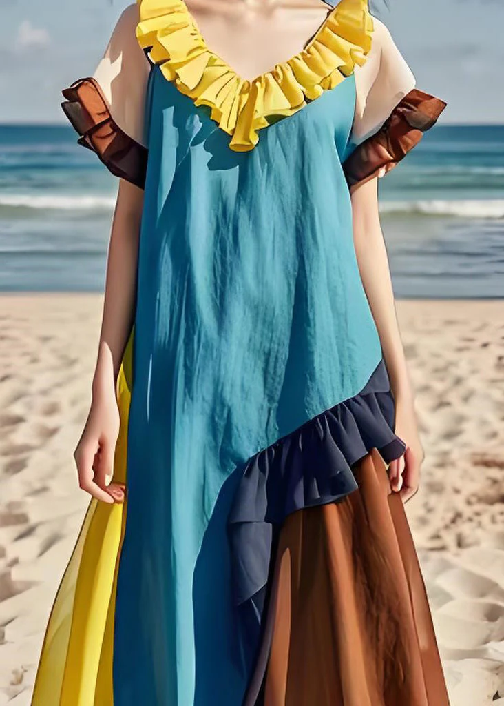 Natural Colorblock Ruffled Patchwork Cotton Dresses Summer - Image 4