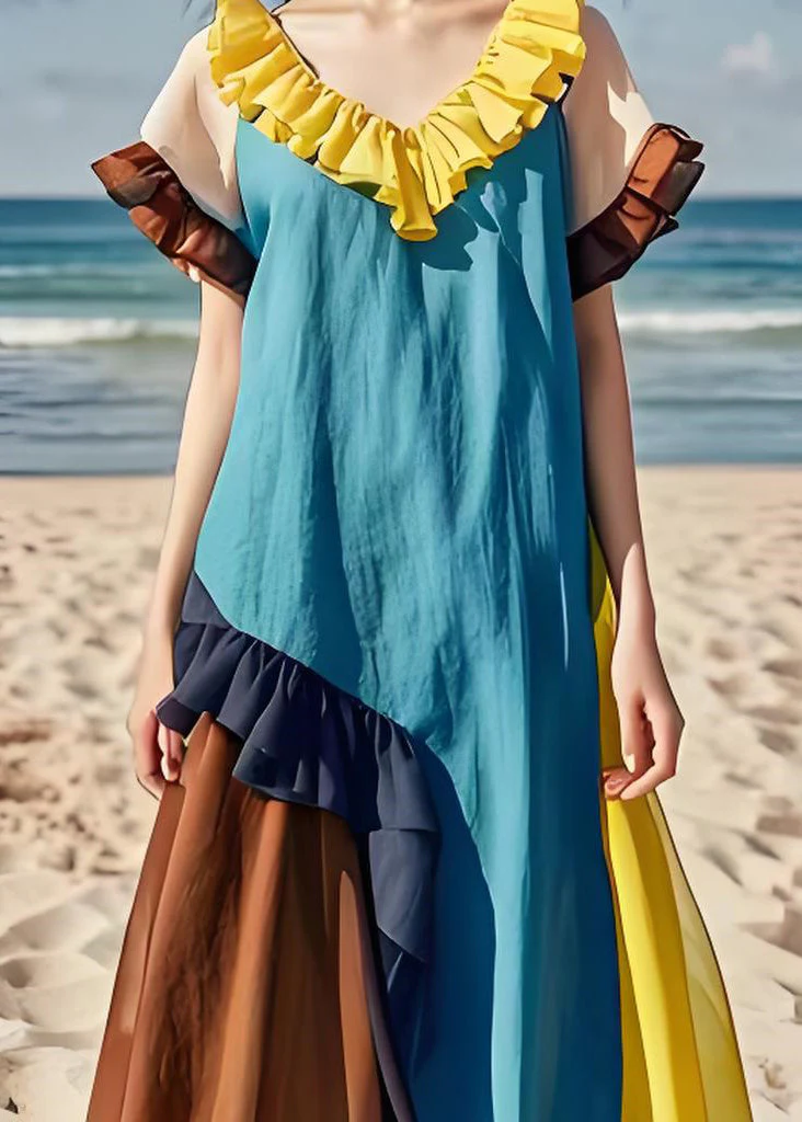 Natural Colorblock Ruffled Patchwork Cotton Dresses Summer - Image 5