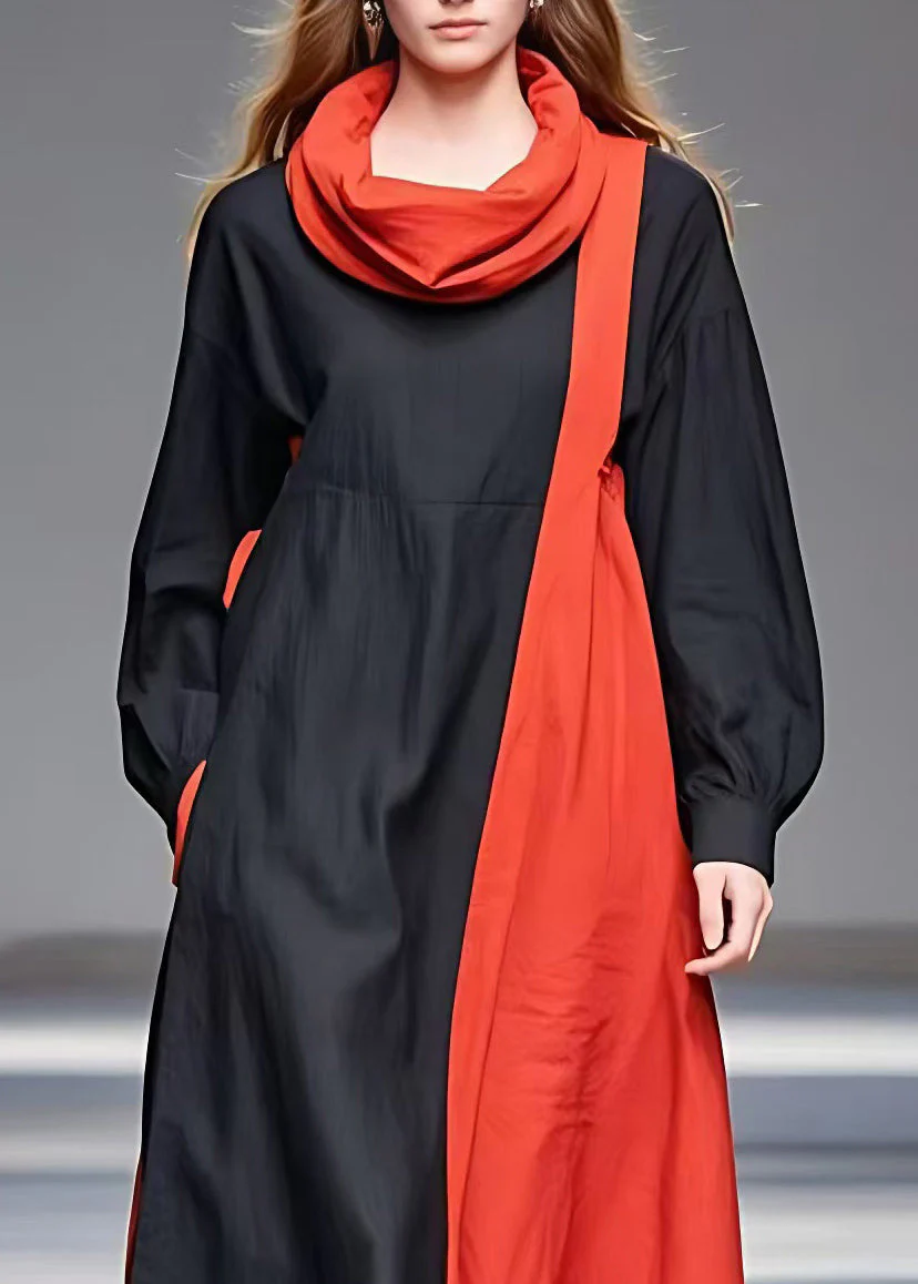 Natural Colorblock Turtle Neck Pockets Maxi Dresses Long Sleeve - Image 3