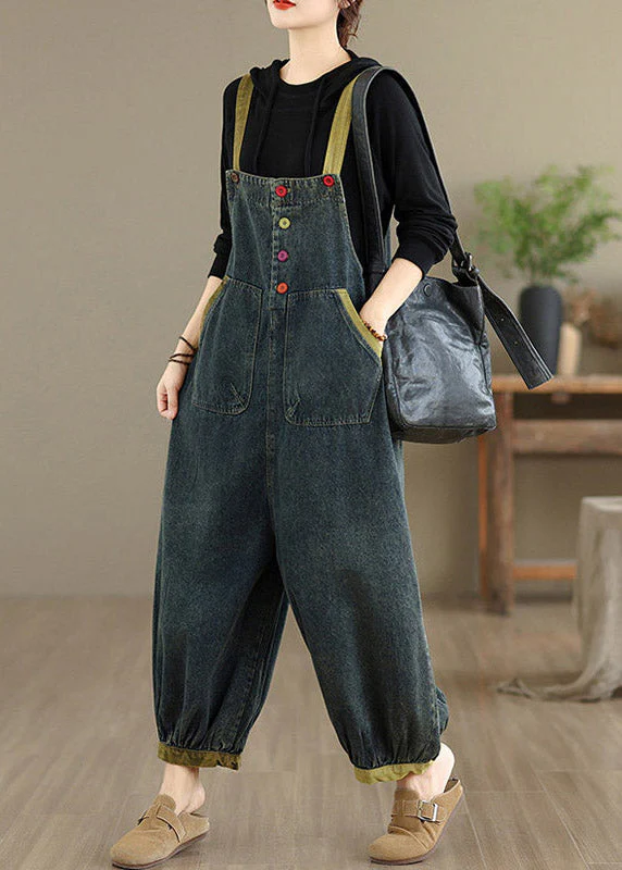 Natural Dark Blue Pockets Patchwork Denim Jumpsuits Sleeveless - Image 3