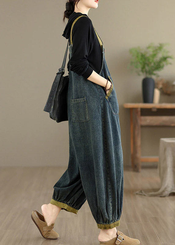 Natural Dark Blue Pockets Patchwork Denim Jumpsuits Sleeveless - Image 4