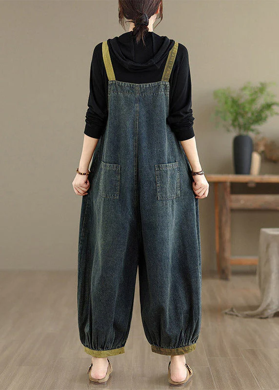 Natural Dark Blue Pockets Patchwork Denim Jumpsuits Sleeveless - Image 5