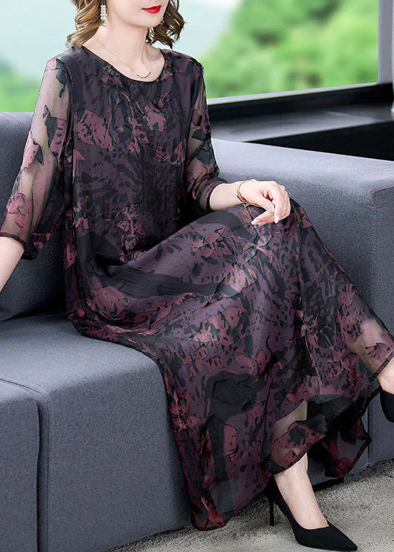 Natural Dark Purple O Neck Print Patchwork Silk Dress Summer - Image 3
