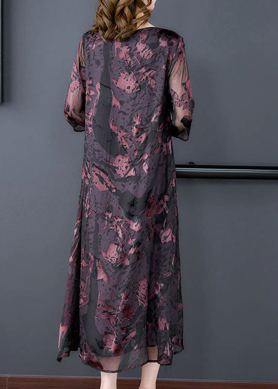 Natural Dark Purple O Neck Print Patchwork Silk Dress Summer - Image 5