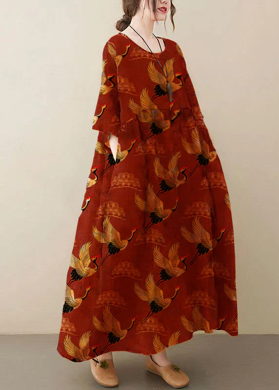 Natural dark Yellow O-Neck Pockets Print Summer Sundress - Image 2