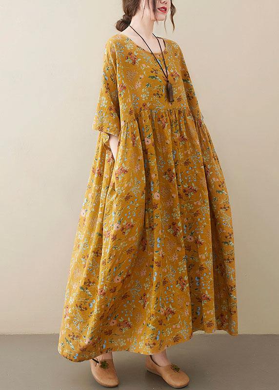 Natural dark Yellow O-Neck Pockets Print Summer Sundress - Image 3