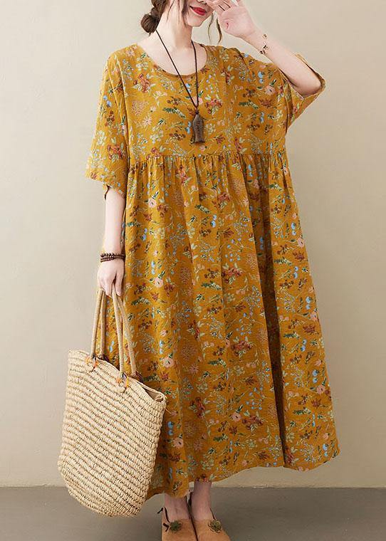 Natural dark Yellow O-Neck Pockets Print Summer Sundress - Image 4