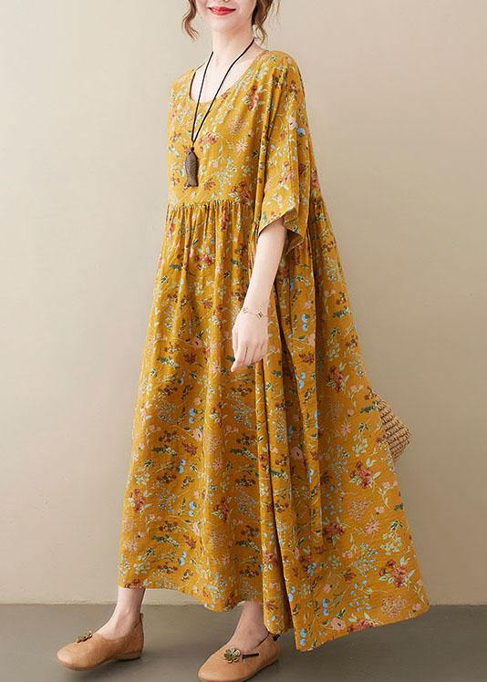 Natural dark Yellow O-Neck Pockets Print Summer Sundress - Image 5