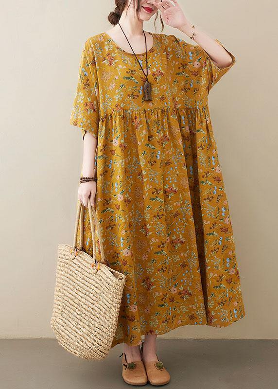 Natural dark Yellow O-Neck Pockets Print Summer Sundress - Image 6