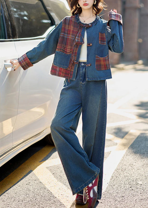 Natural Denim Blue O-Neck Patchwork Coats And Wide Leg Pants Two Pieces Set Fall - Image 2