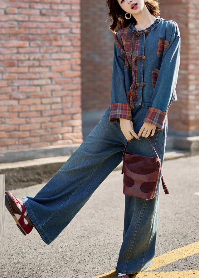 Natural Denim Blue O-Neck Patchwork Coats And Wide Leg Pants Two Pieces Set Fall - Image 3
