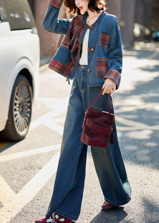 Natural Denim Blue O-Neck Patchwork Coats And Wide Leg Pants Two Pieces Set Fall - Image 4