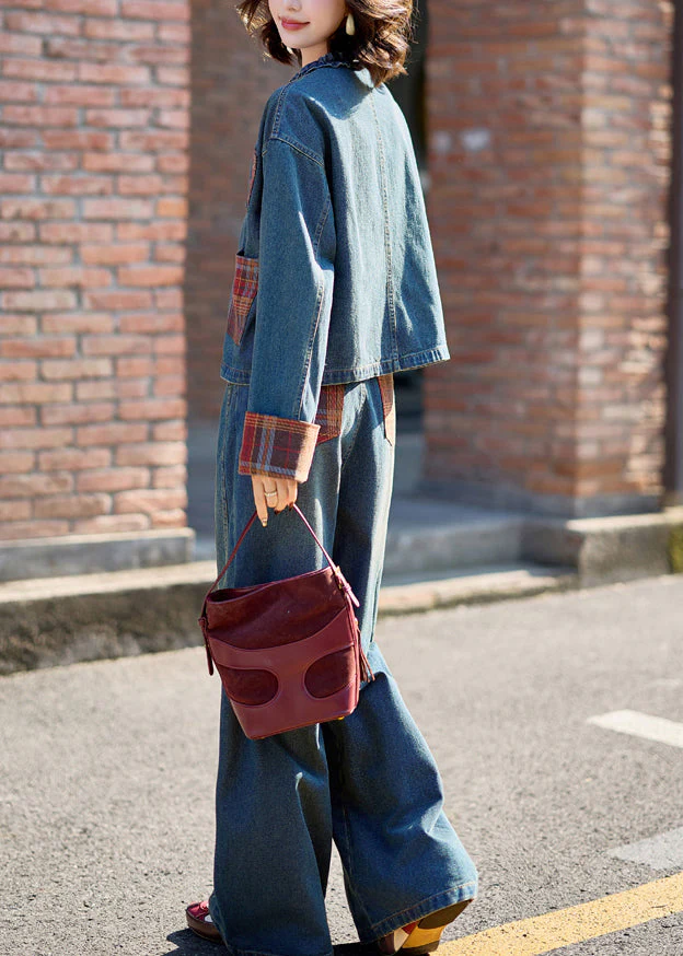 Natural Denim Blue O-Neck Patchwork Coats And Wide Leg Pants Two Pieces Set Fall - Image 5