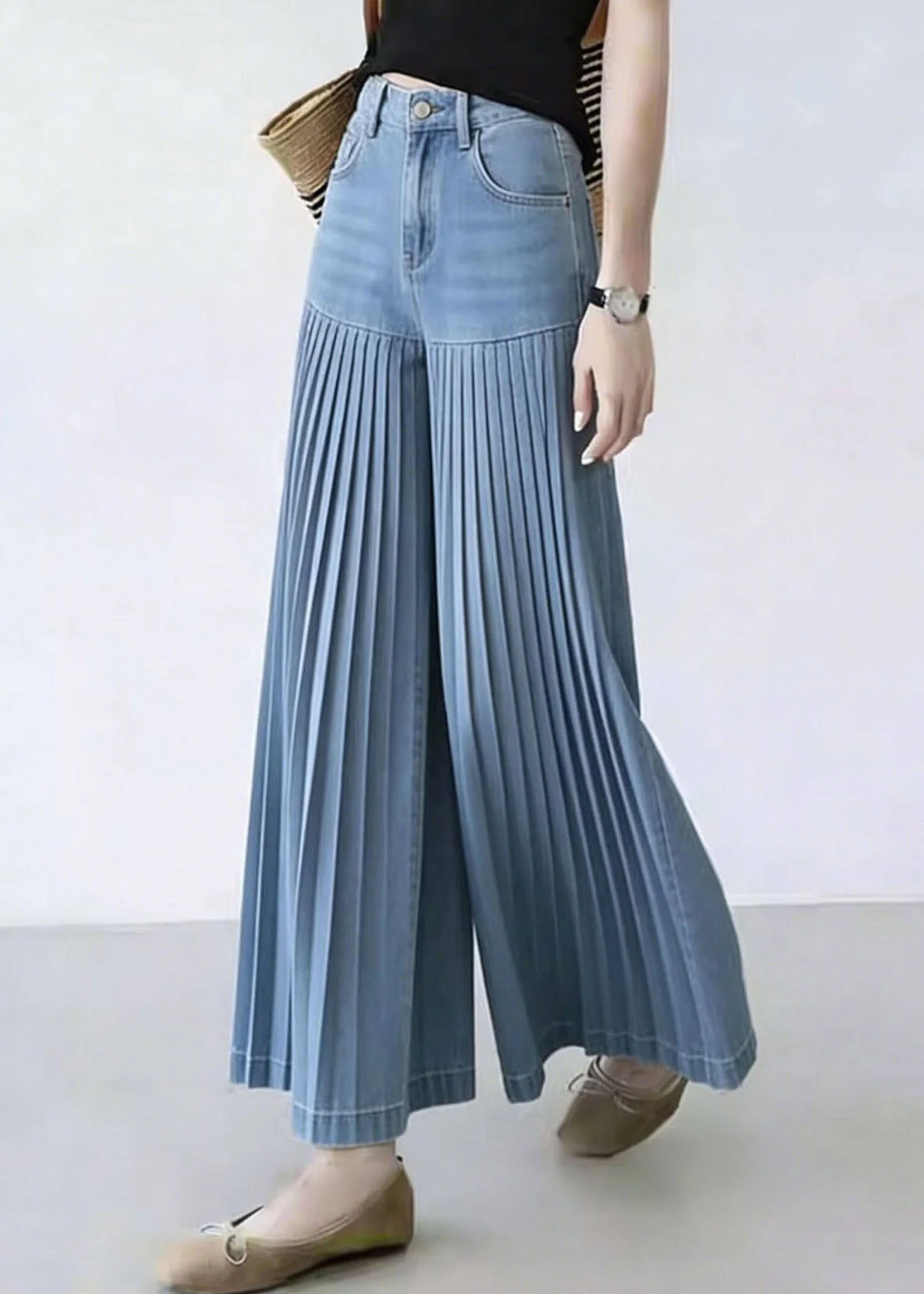 Natural Denim Blue Patchwork Wrinkled Crop Wide Leg Pants