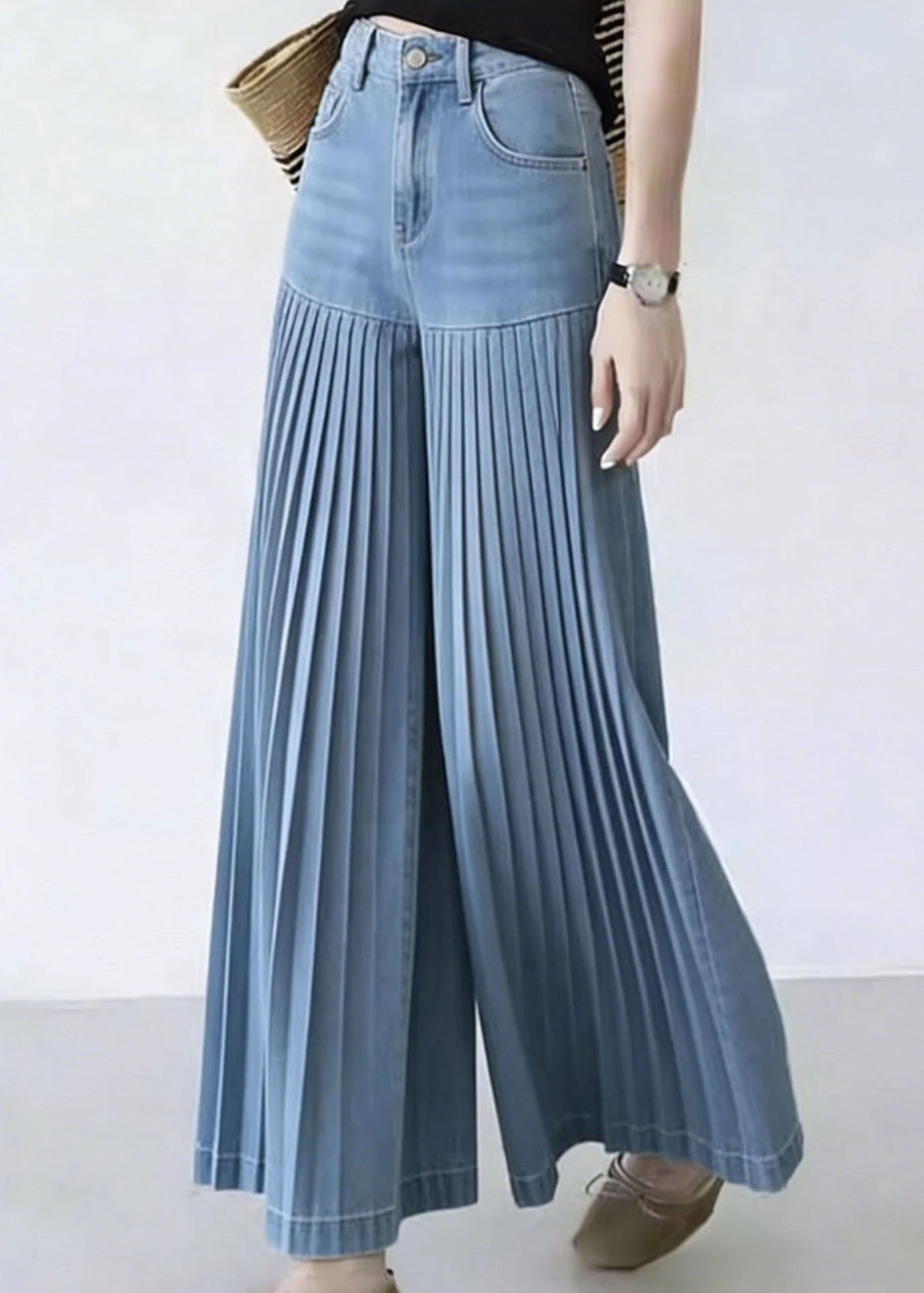 Natural Denim Blue Patchwork Wrinkled Crop Wide Leg Pants - Image 5