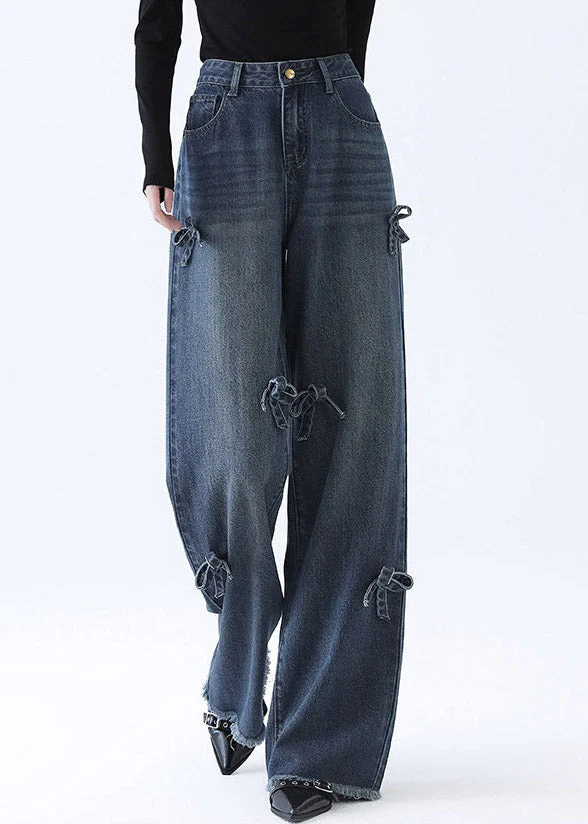 Natural Denim Blue Pockets Patchwork Bow Wide Leg Jeans Spring - Image 3