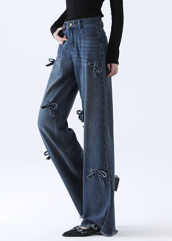 Natural Denim Blue Pockets Patchwork Bow Wide Leg Jeans Spring - Image 4