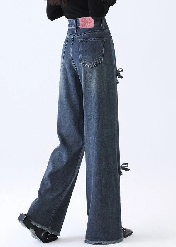 Natural Denim Blue Pockets Patchwork Bow Wide Leg Jeans Spring - Image 5