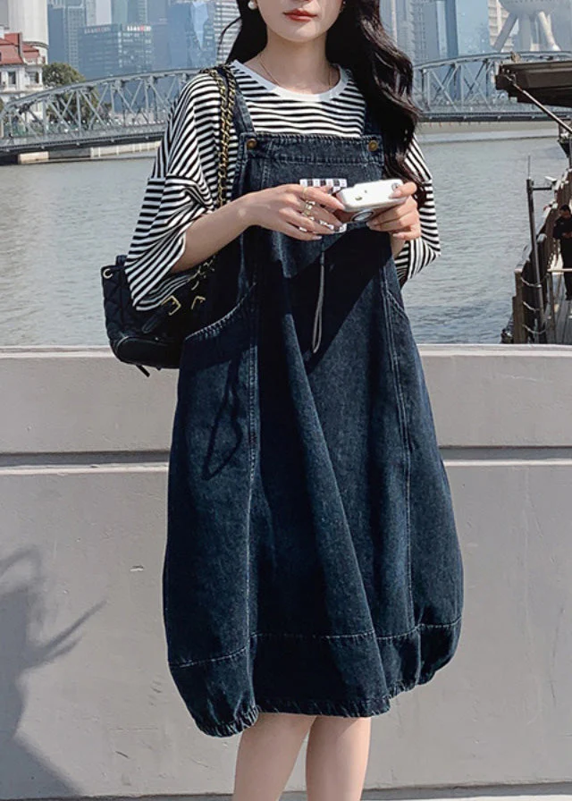 Natural Denim Blue Slash Neck Patchwork Long Spaghetti Strap Dress Sleeveless - Image 2