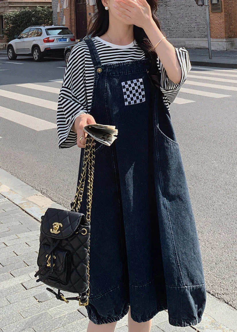 Natural Denim Blue Slash Neck Patchwork Long Spaghetti Strap Dress Sleeveless - Image 3
