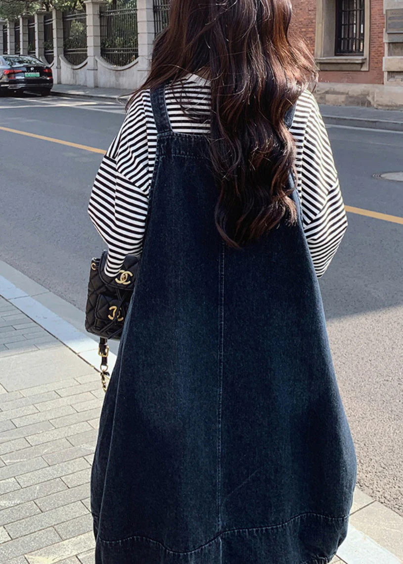 Natural Denim Blue Slash Neck Patchwork Long Spaghetti Strap Dress Sleeveless - Image 4