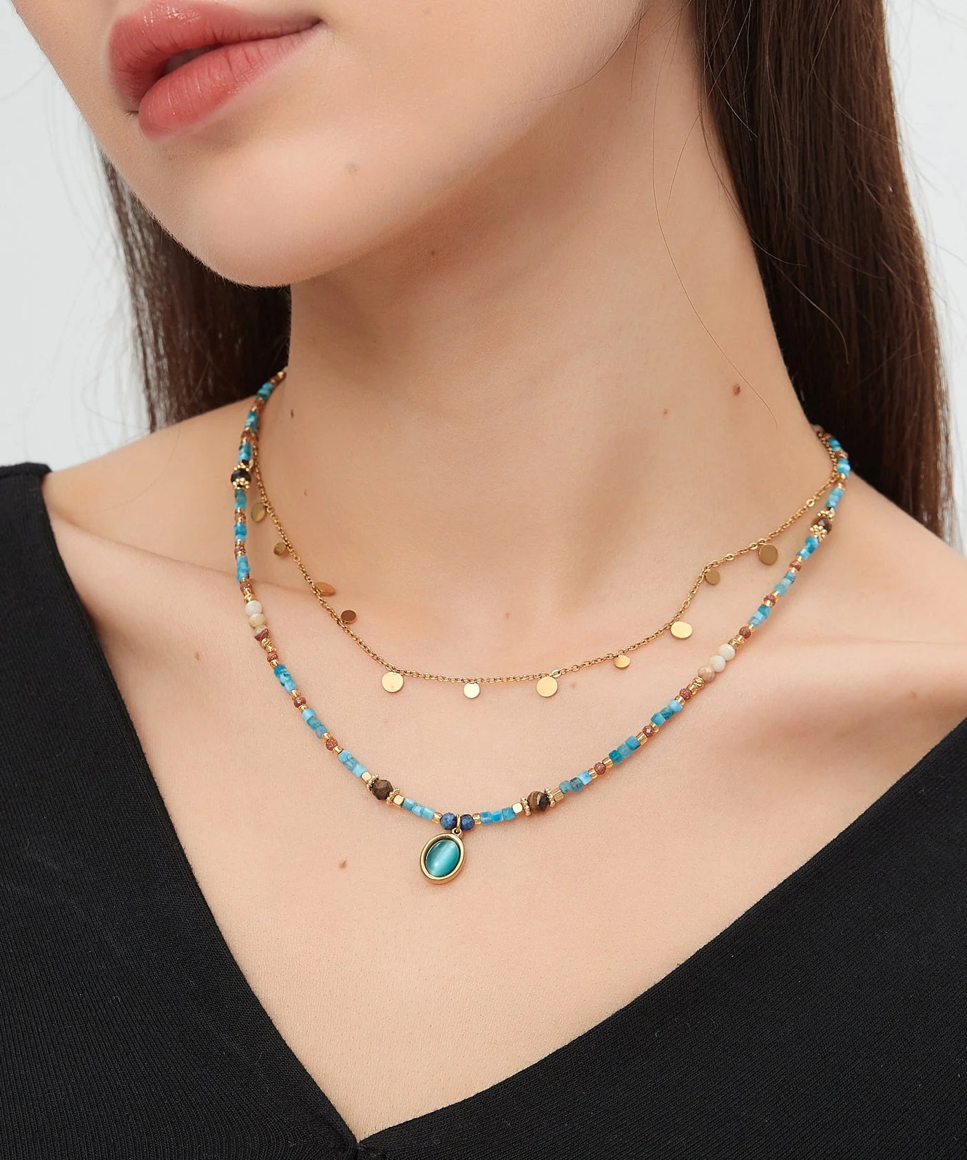 Natural Double Layered Stacking Gratuated Bead Necklace - Image 3
